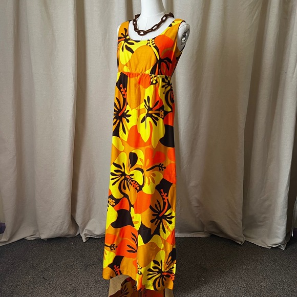 Vintage 70s Pomaré Tahiti Orange Yellow Hibiscus Maxi Dress XS Honolulu - Picture 3 of 11